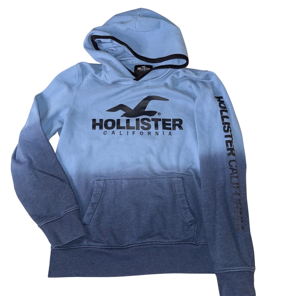 Hollister Hoodie Medium Blue Ombre Dip Dye Graphic Logo Pullover Sweatshirt